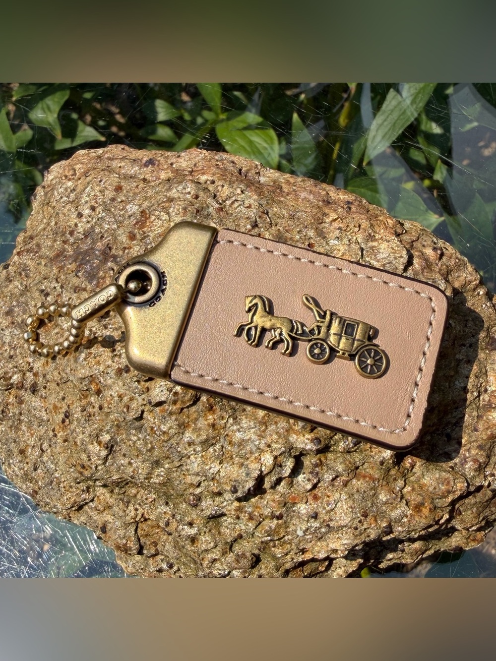 New Coach Large Taupe Leather Hangtag – Antique Brass